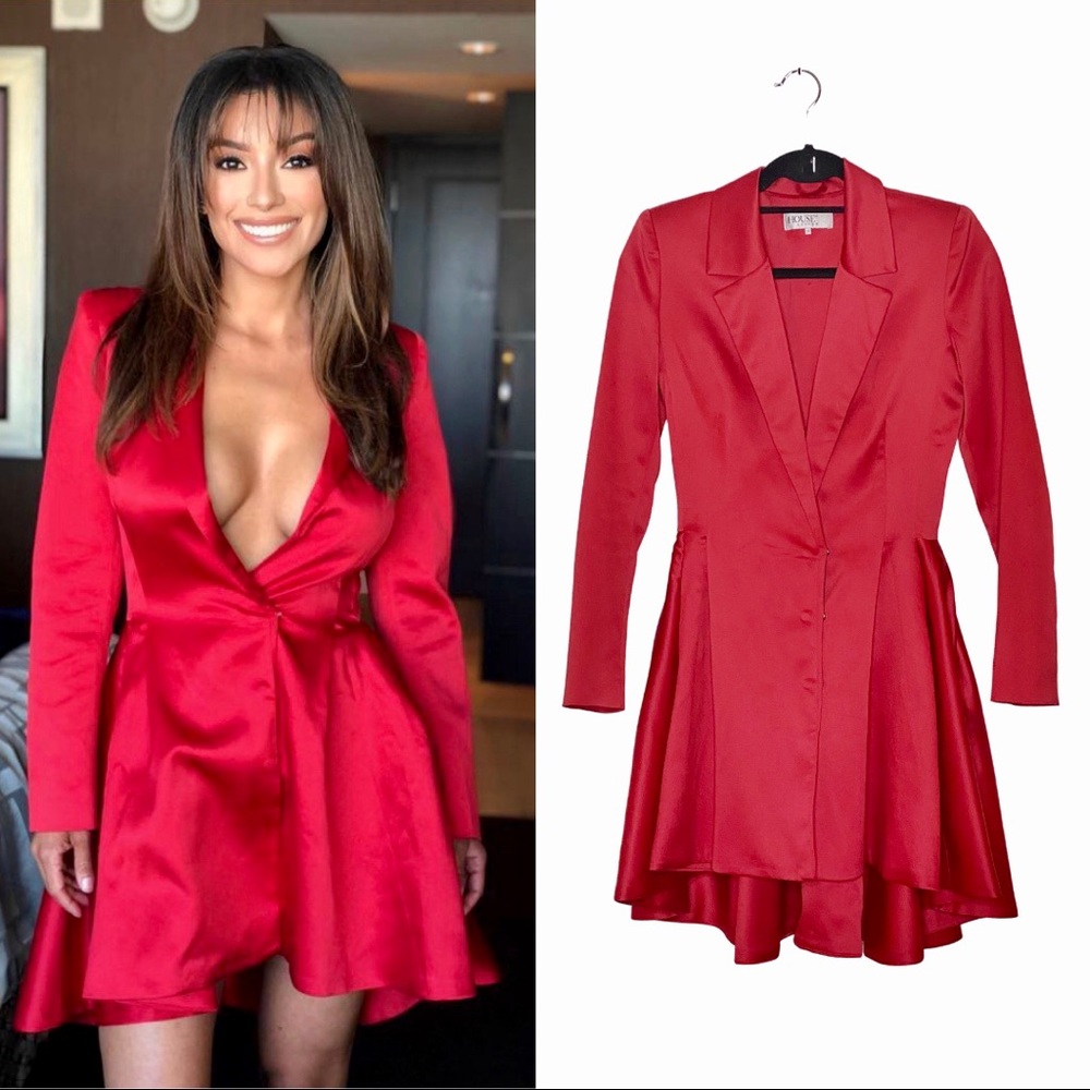 Red Satin Dress - Low Cut Blazer by House of CB